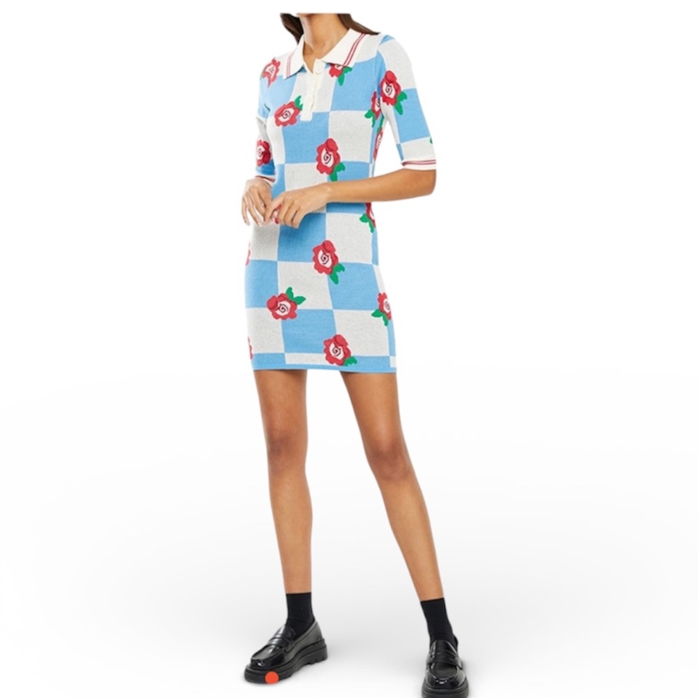 Urban Outfitters Y2K Blue Checker Rose Knit Polo Mini Dress Retro Bodycon Sz L